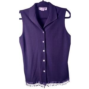 NWT 90s Y2K Ronni Nicole Black Beaded Fringe Collared Vest Size Medium